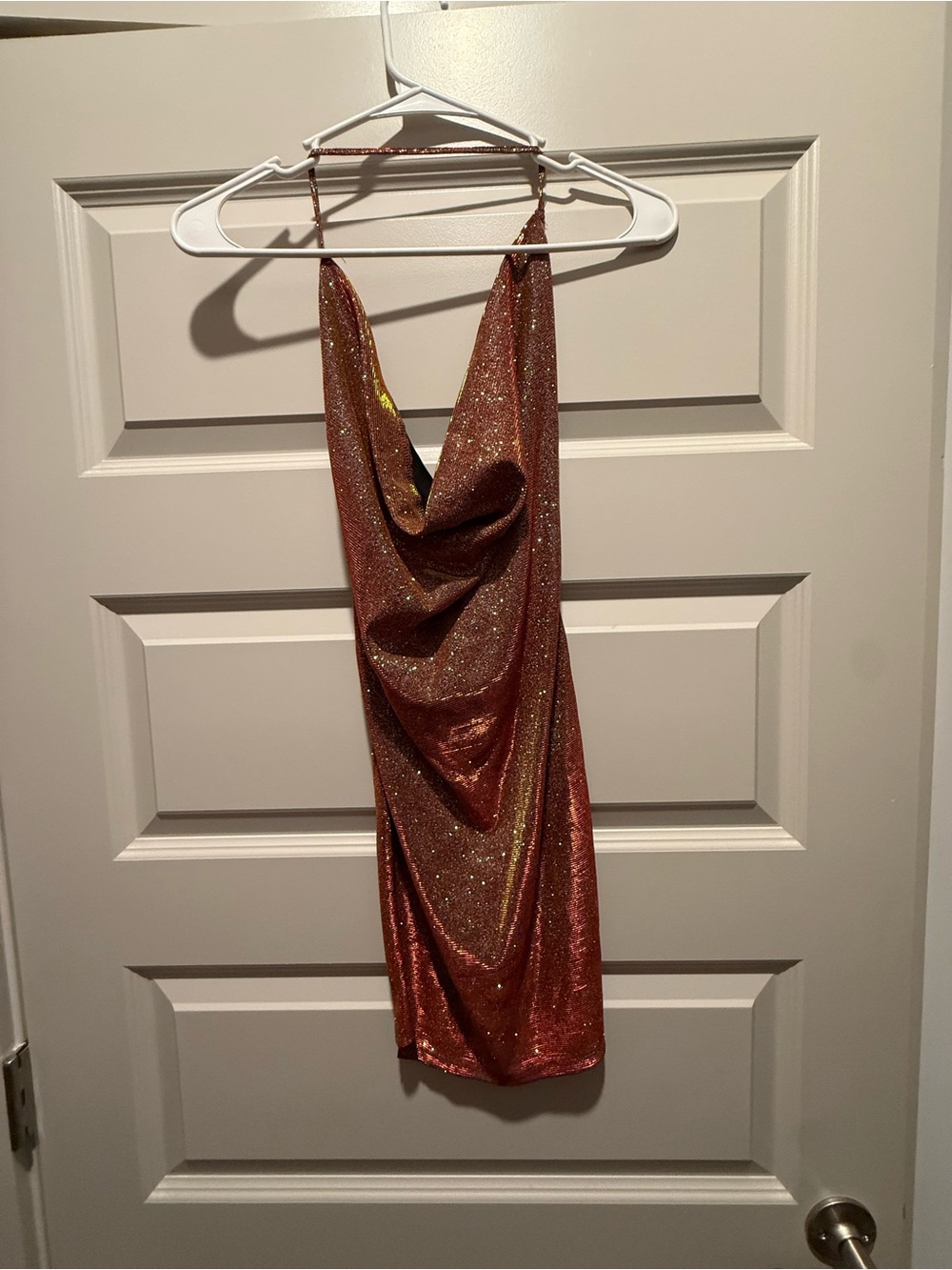 Sparkle Cowl Halter Dress in Copper